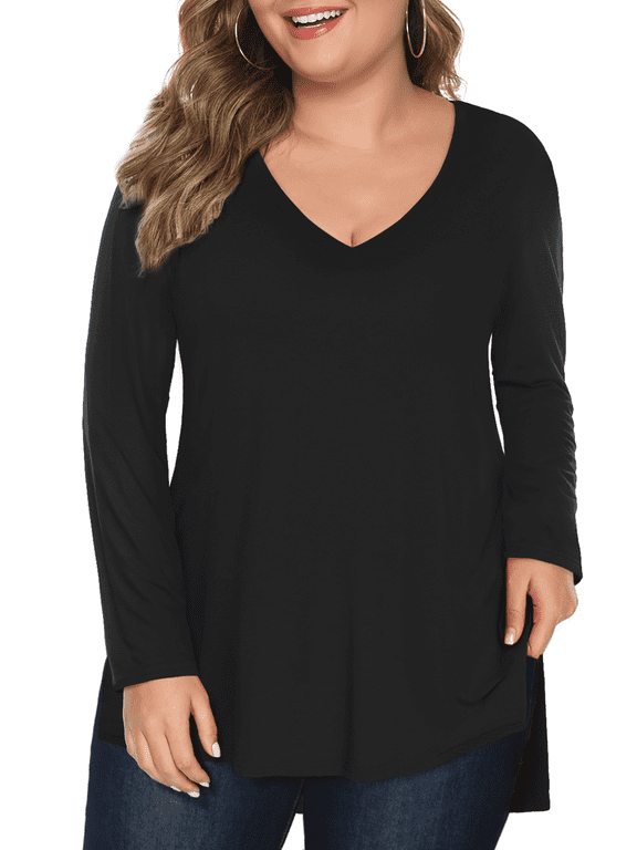Plus Size Shirts for Women Long Sleeve V Neck T-shirts Casual Side Slit Rayon Tops, Black XL