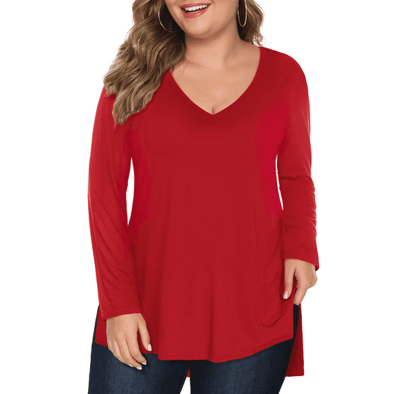 FlorCurve Plus Size Shirts for Women Long Sleeve V Neck T-shirts Casual Side Slit Rayon Tops, Red 5XL