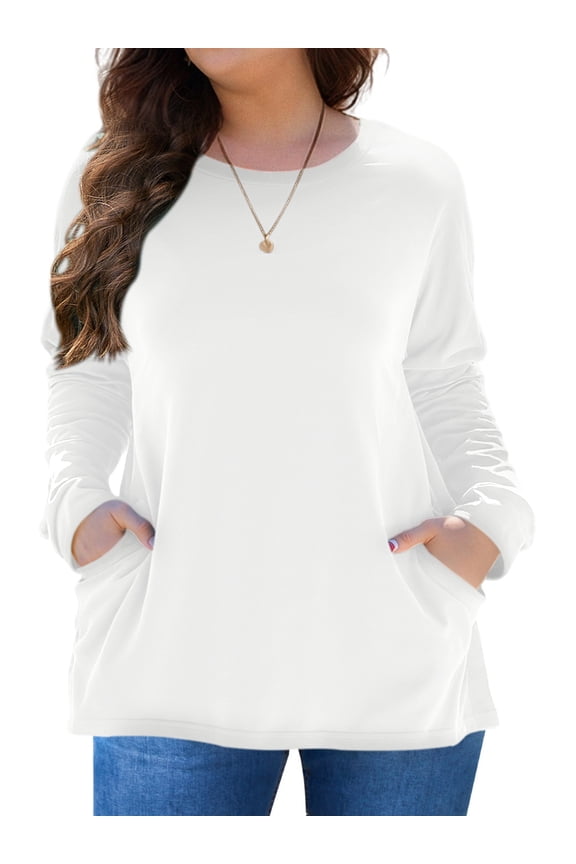 Plus Size Sweatshirts for Women Long Sleeve Shirts Crew Neck Blouses with Pockets, White 4XL