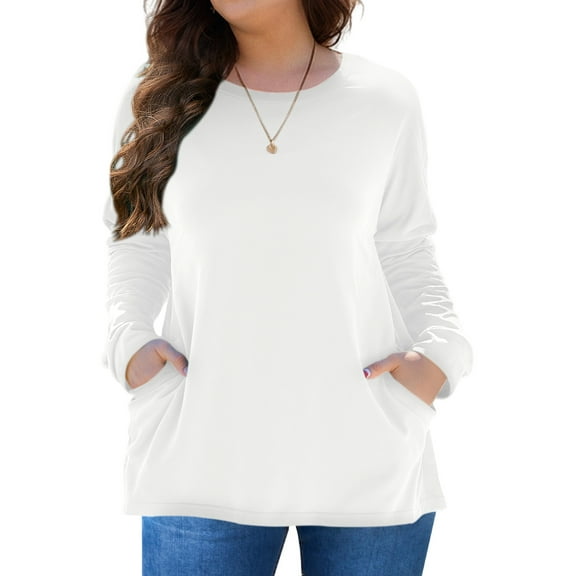 FlorCurve Plus Size Sweatshirts for Women Long Sleeve Shirts Crew Neck Blouses with Pockets, White XL
