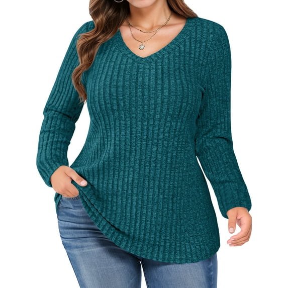 FlorCurve Plus Size Sweaters for Women V Neck Long Sleeve Pullover Sweaters Casual Solid Tunic Tops, Peacock Blue 4XL