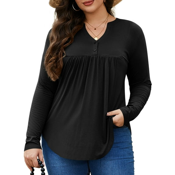 FlorCurve Plus Size Henley Shirts for Women Long Sleeve V Neck Shirt Rayon Tunic Tops Casual Button Up Blouse, Black 2XL