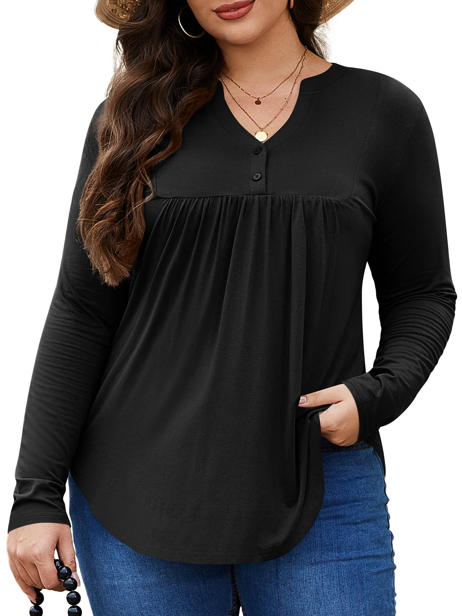 FOLUNSI Women’s Plus Size Henley Shirt – V-Neck Floral Tunic Top, Short Sleeve, Sizes M-4XL (Navy Polka Dot)