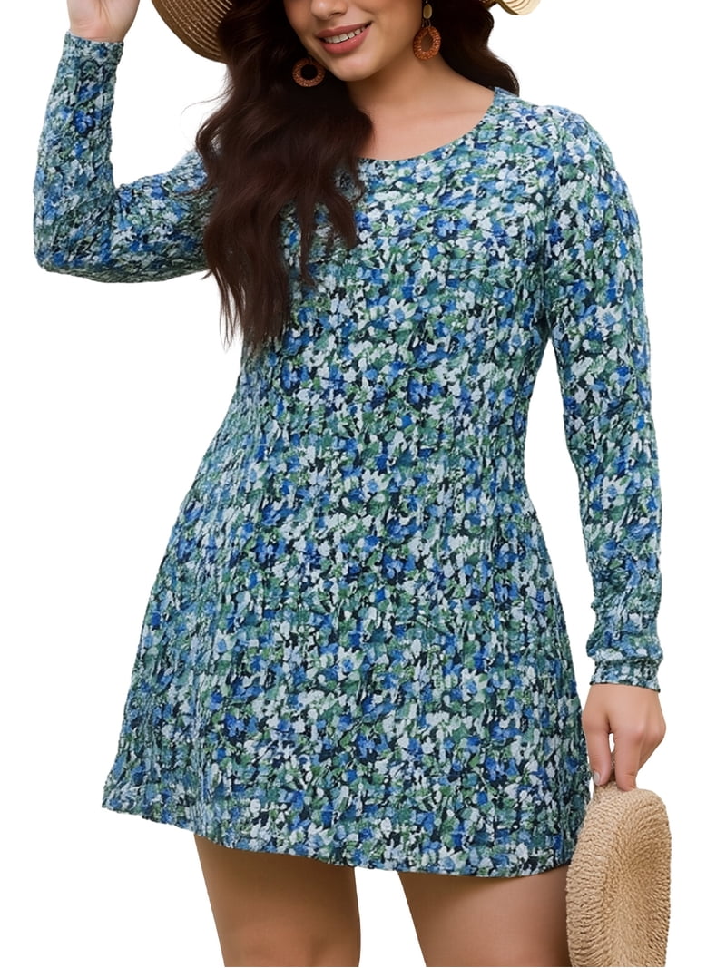 FlorCurve Women Plus Size Dresses Long Sleeve Floral Midi Dresses with  Pockets Crew Neck Swing Dresses, Floral Print Blue 4XL - Walmart.com