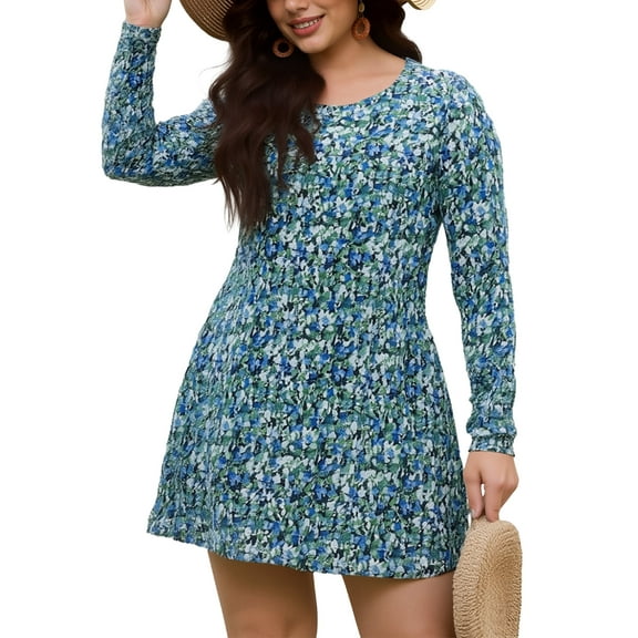FlorCurve Women Plus Size Dresses Long Sleeve Floral Midi Dresses with Pockets Crew Neck Swing Dresses, Floral Print Blue 4XL