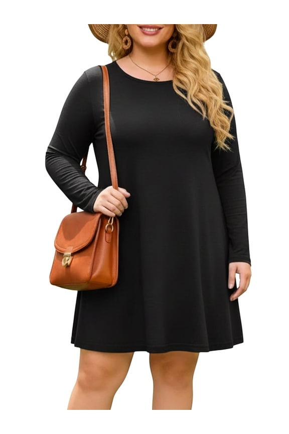 Women's Long Sleeve Dress Casual Solid Loose Knee Length T-Shirt Dresses, Black XL
