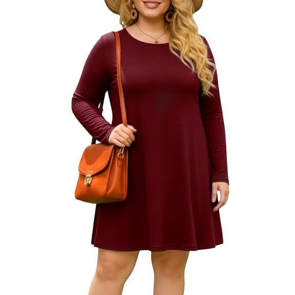 FlorCurve Women's T Shirt Dresses Casual Crew Neck Long Sleeve Swing Dress, Burgundy 3XL