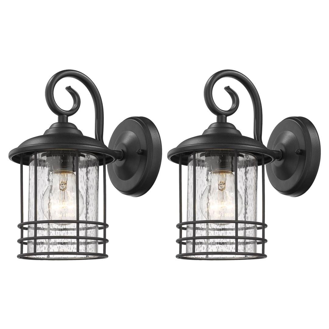 Matte Black Weather Resistant Metal Outdoor Wall Lantern Set with Seedy Glass