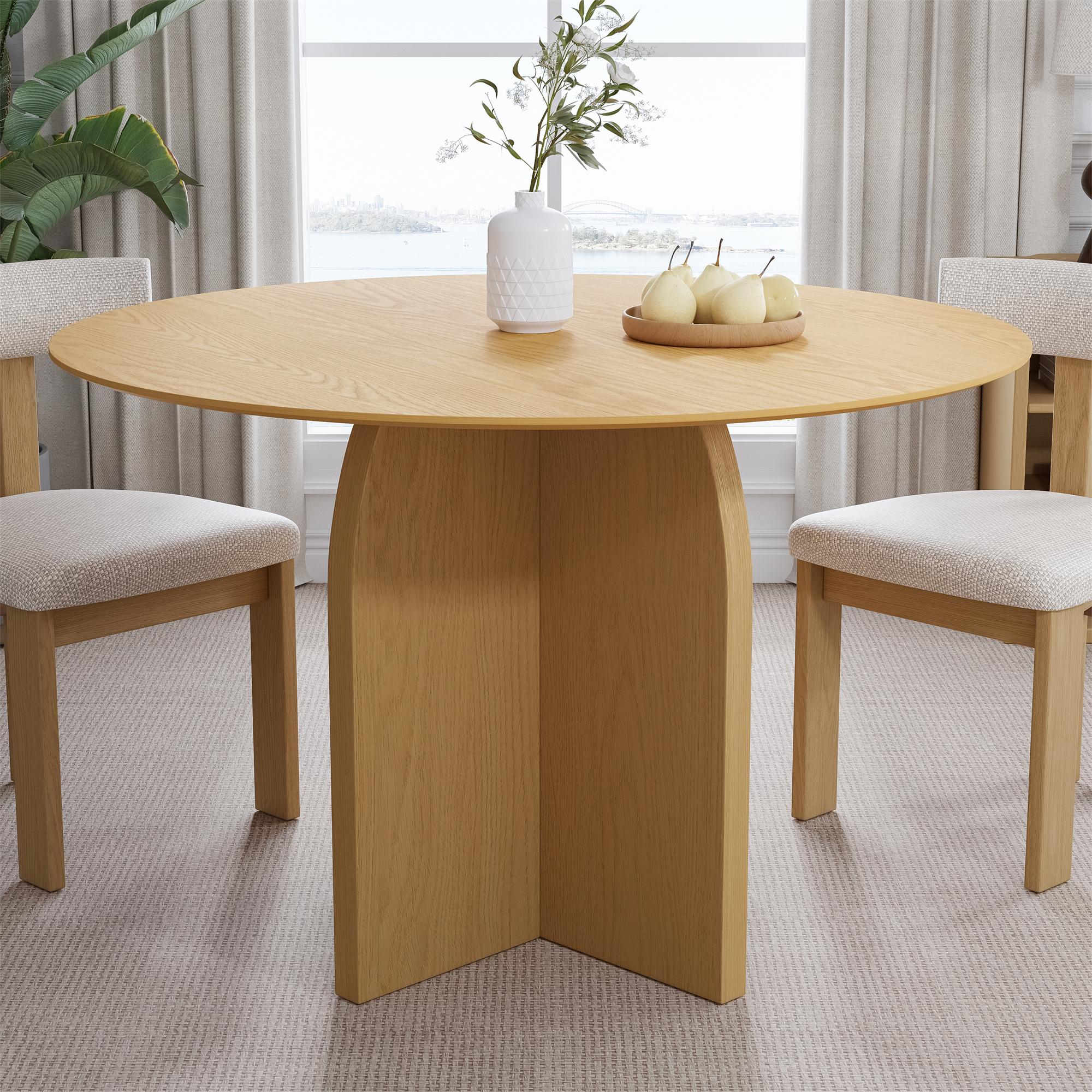 Dovelina 45 Inch Solid Wood Round Dining Table, Oak, Rustic Pedestal ...