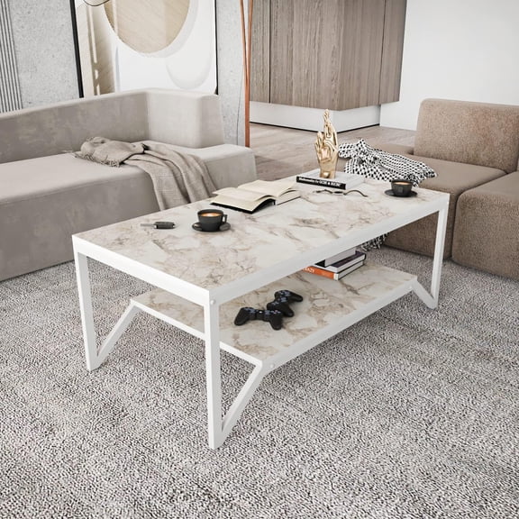 Flora 47" Wide Rectangular Modern Industrial Design Coffee Table - Marble Finish Wood Top, Metal Frame (White)