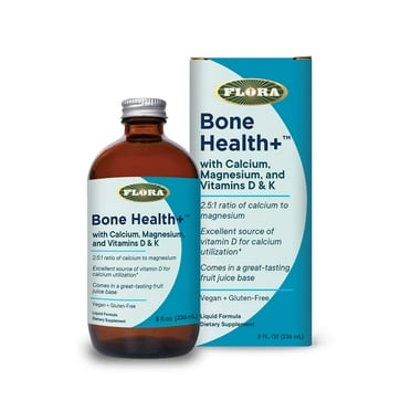 Flora - Bone Health  with Calcium, Magnesium and Vitamins D & K, 2.5:1 Ratio of Calcium to Magnesium, Vegan, Gluten-Free Fruit Juice Base, 8-fl. oz. Glass Bottle