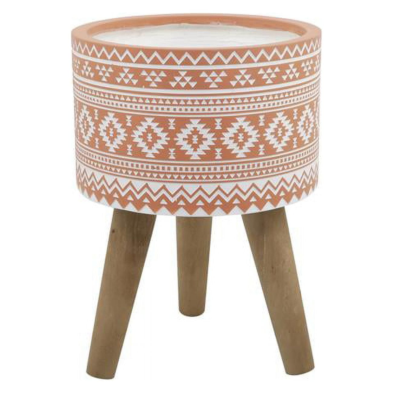 Large Orange Ceramic Round Planter with Wood Legs