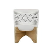 Flora Bunda 5 White Black Ceramic Geometric W/Wood Stand Planter Mid Century