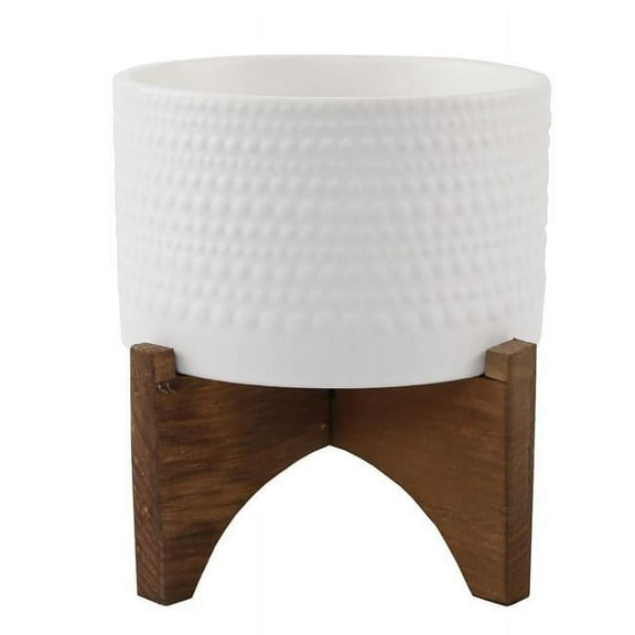 Flora Bunda  5 in. Hobnail Ceramic Planter on Wood Stand, Matt White