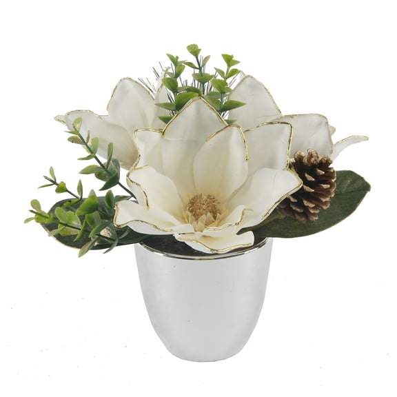 Flora Bunda 8.5" Artificial Plastic Magnolias with Gold Trim in Silver Planter