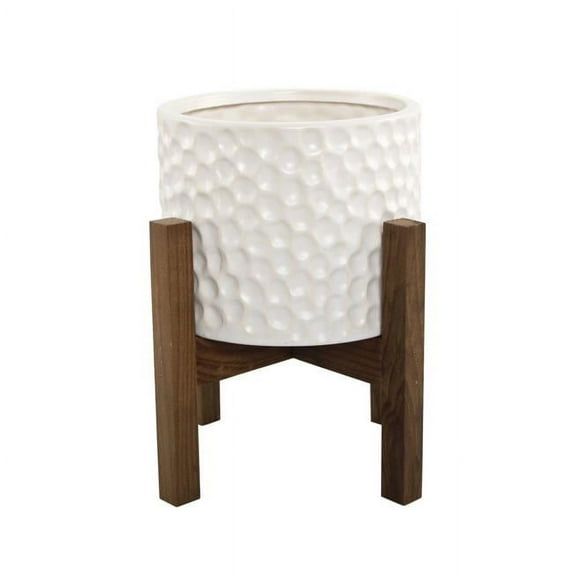 Flora Bunda CT1109E-CRM 5.5' Beehive Ceramic Planter on Wood Stand,Cream