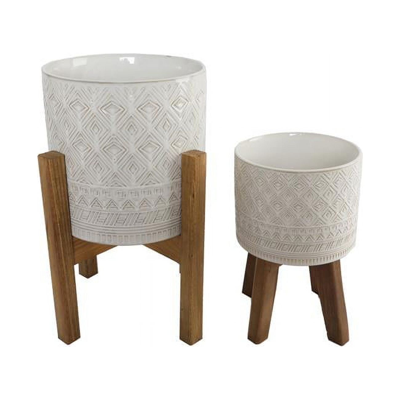 Flora Bunda CT1536E2-IVORY Set of 2 10' & 8' Illuminati Ceramic Planter on Wood Stand,Ivory