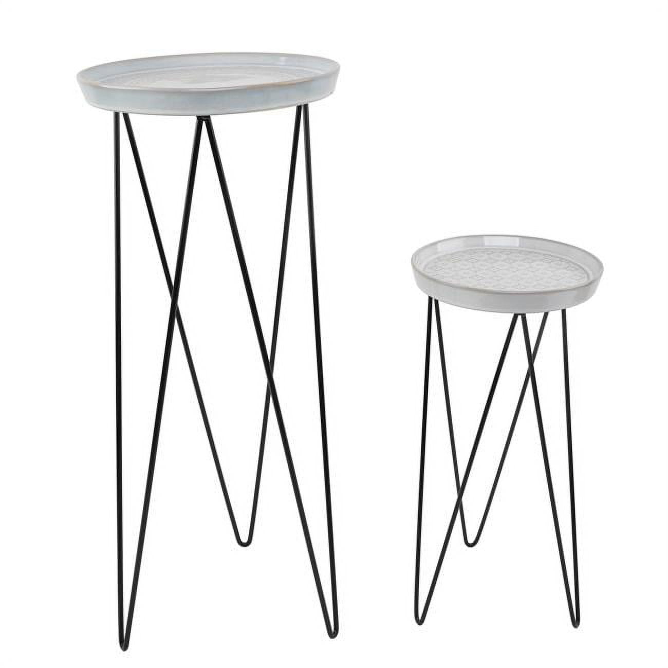 Ivory Ceramic and Black Metal Round Plant Stand Set