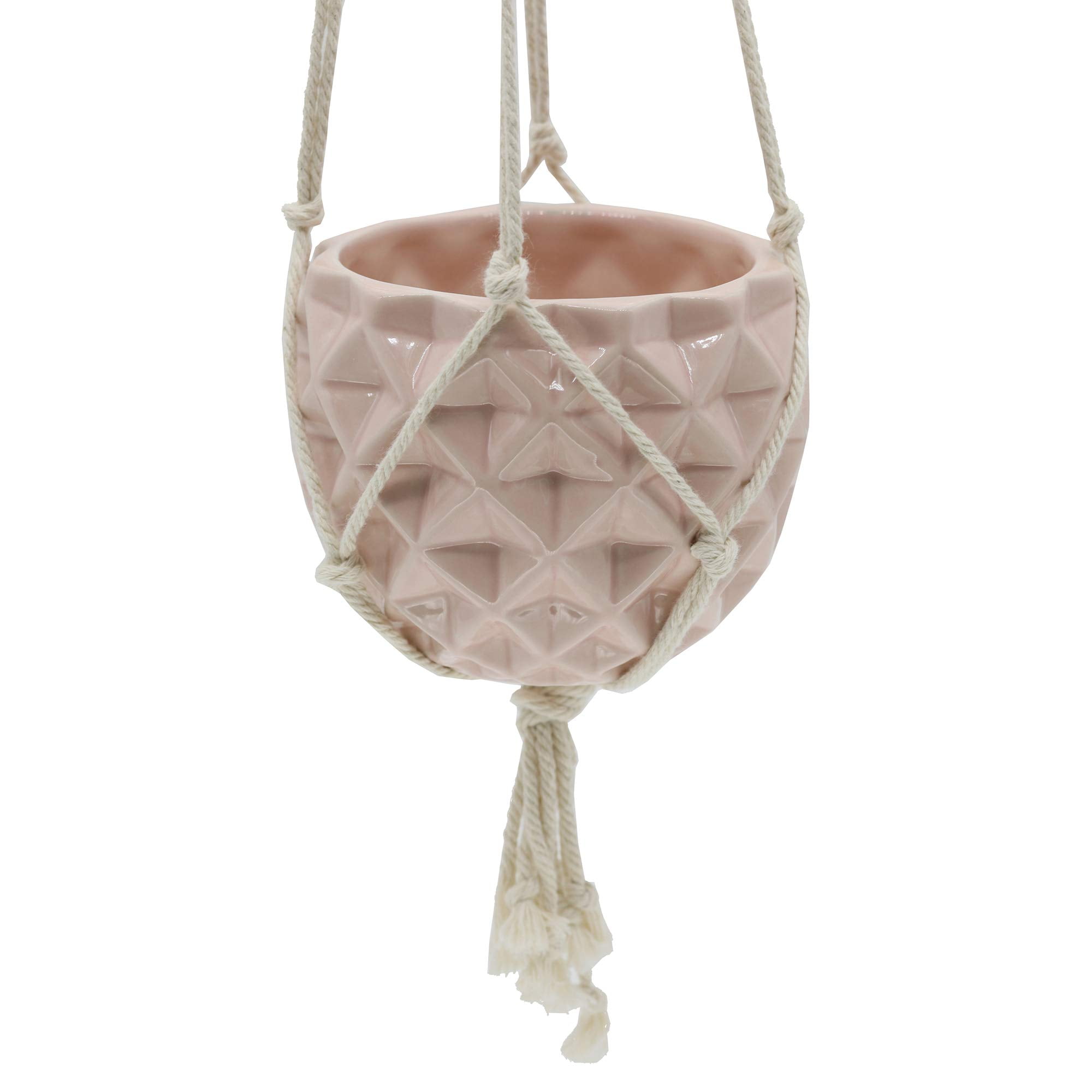 Flora Bunda Hanging Planter for Succulent 5" Ceramic Macrame Gloss Pink