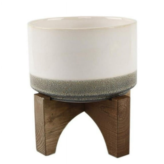 Flora Bunda Lava Ceramic and Wood 7-inch Mid-century Planter Stand Grey