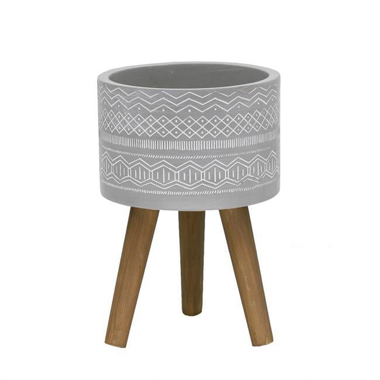 Gray and White Tribal Pattern Fiberglass Planter with Wooden Legs