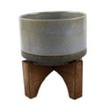thumbnail image 1 of Flora Bunda Mid Century 7 inch Lava Ceramic on Wood Stand, Blue, 1 of 5