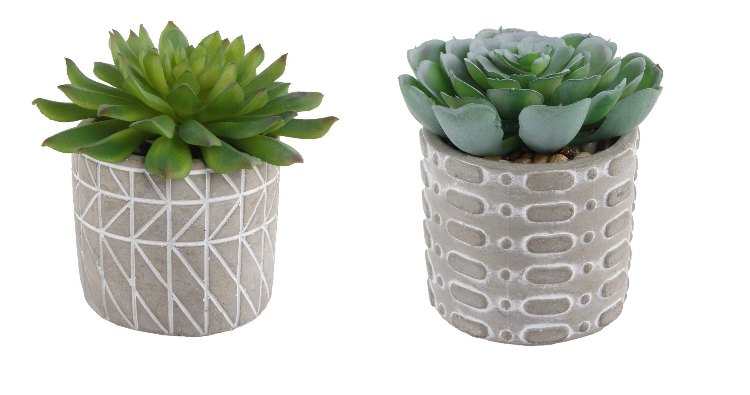 Set of 2 Gray Patterned Cement Pots with Green Faux Succulents