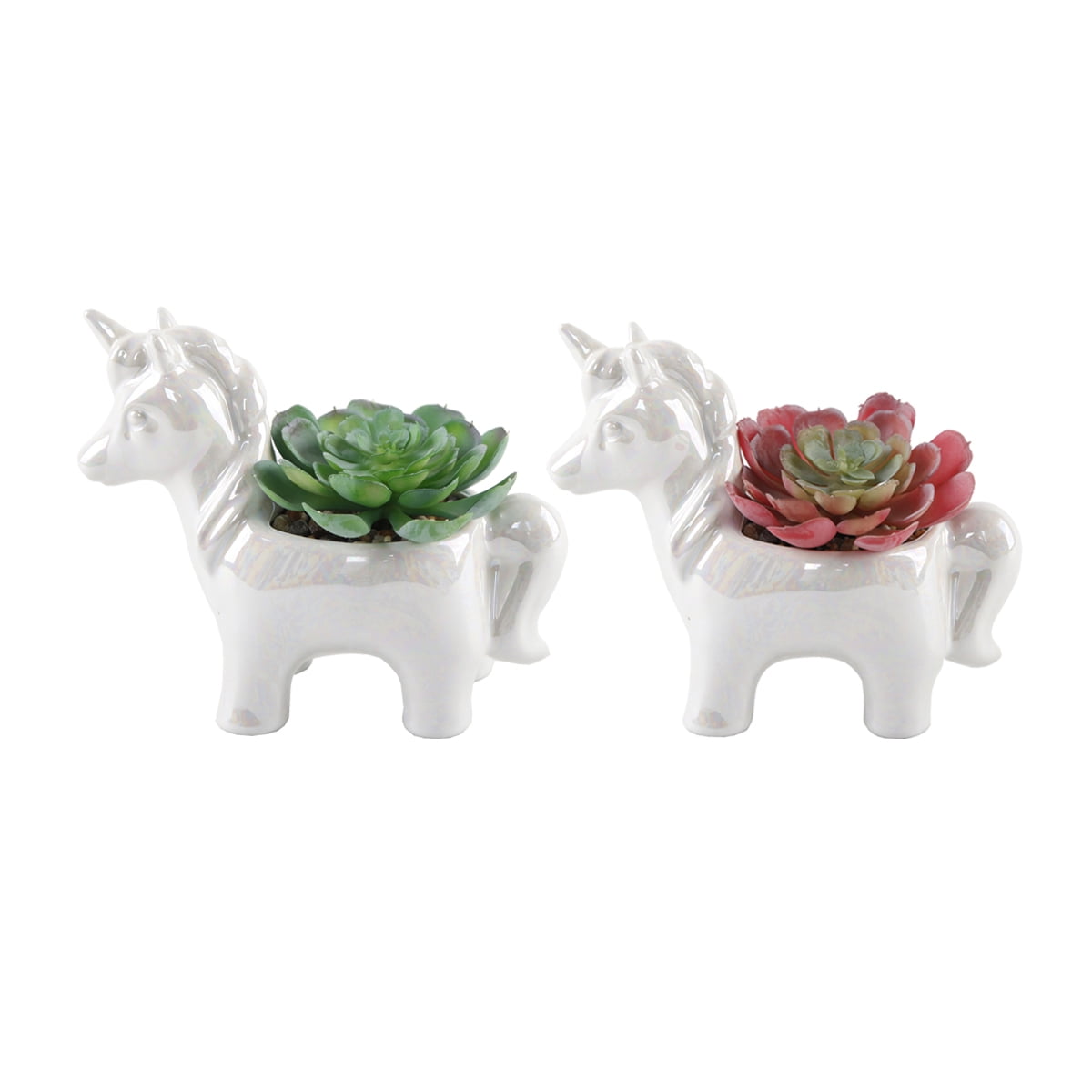 Flora Bunda Set of 2 Artificial Succulents in Iridescent Unicorn Ceramic Planters