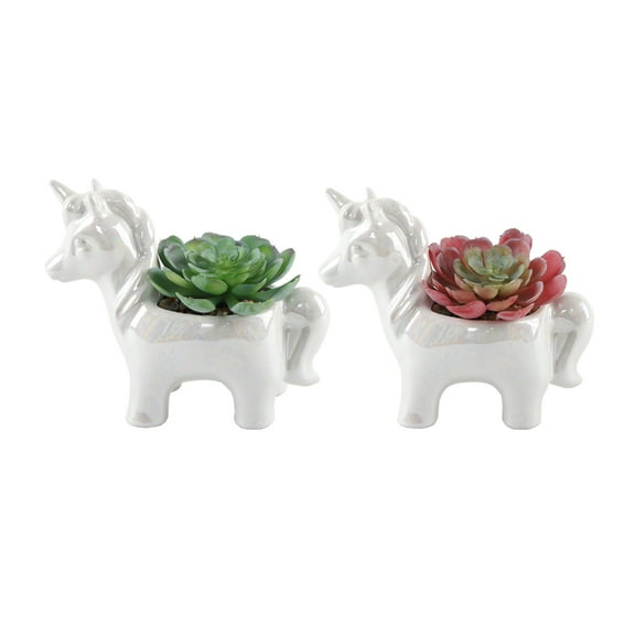 Flora Bunda Set of 2 Artificial Succulents in Iridescent Unicorn Ceramic Planters
