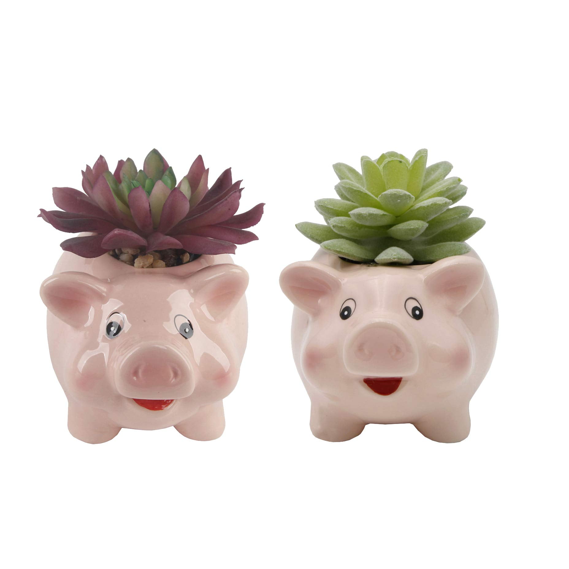Set of 2 Pink Ceramic Pig Planters with Faux Succulents