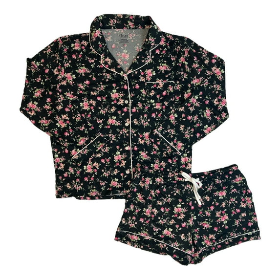 Flora By Flora Nikrooz Notch Collar Long Sleeve With Shorts Pajamas (Black Floral, XXL)