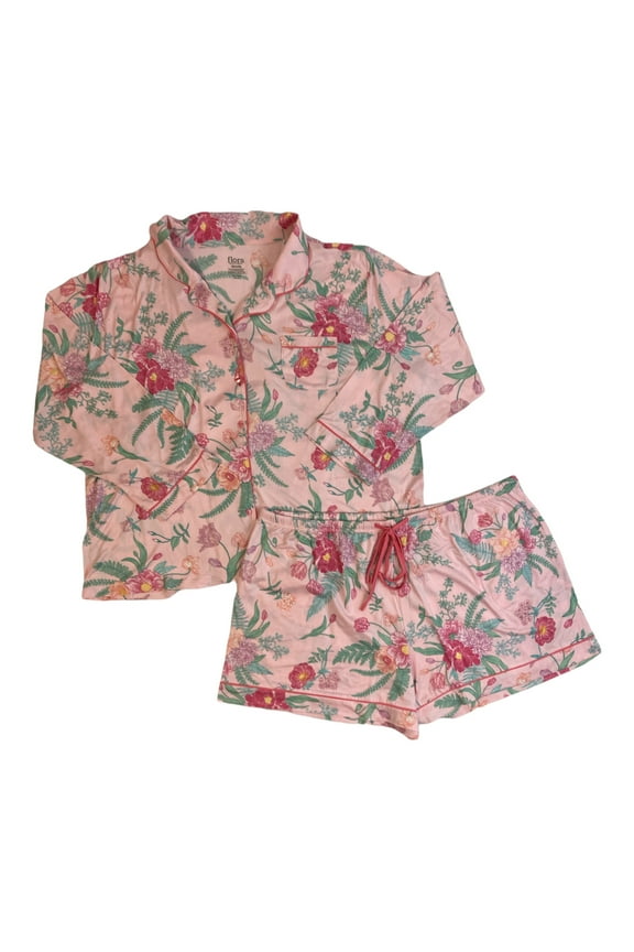 Flora By Flora Nikrooz Notch Collar Long Sleeve With Shorts Pajamas (Pink Floral, XXL)