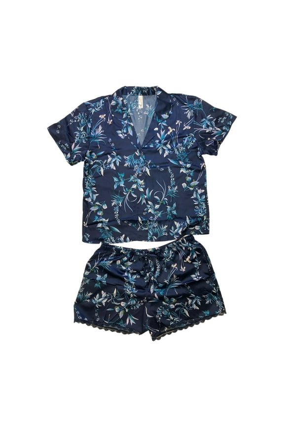 Flora By Flora Nikrooz Women's Satin Notch Collar Short Sleeve & Shorts PJ Set (Blue Floral, XL)