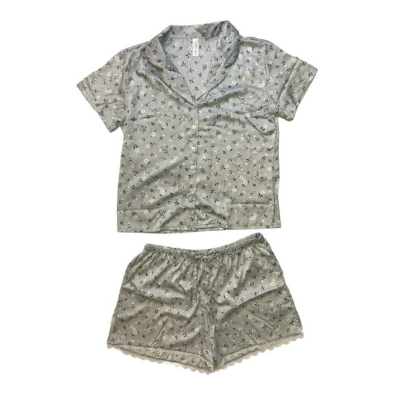 Flora By Flora Nikrooz Women's Satin Notch Collar Short Sleeve & Shorts PJ Set (Grey Floral, M)
