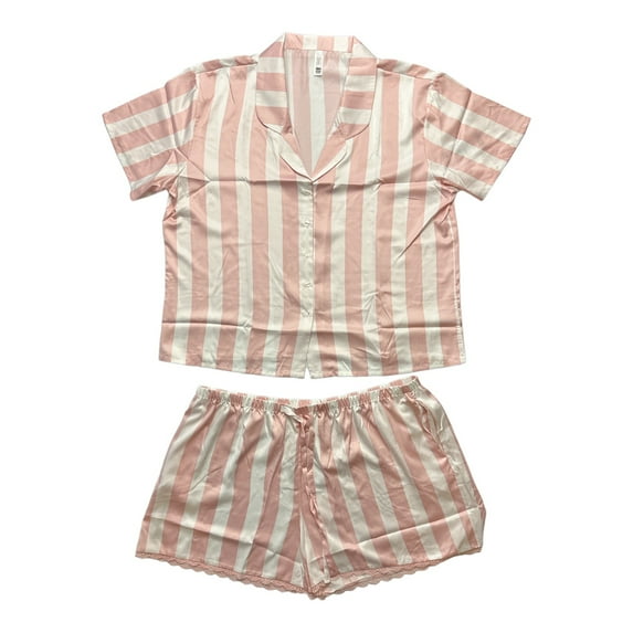 Flora By Flora Nikrooz Women's Satin Notch Collar Short Sleeve & Shorts PJ Set (Pink/White Stripe, M)