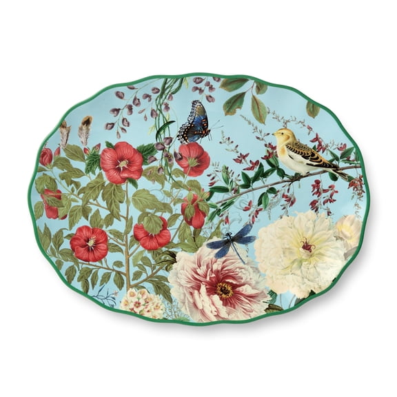 Flora Ceramic Oval Platter 14" x 10" Large Decorative Serving Dish with Pastel Floral, Butterfly, and Bird Patterns, Perfect for Appetizers, Charcuterie, and Dessert