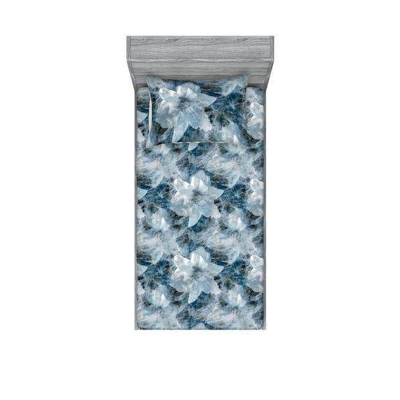 Flora Fitted Sheet & Pillow Sham Set, Grunge Vibe Oil Painting Like Print of Gentle Flowers Weathered Art, Decorative Printed 2 Piece Bedding Decor, Twin, Pale Grey Dark Night Blue, by Ambesonne