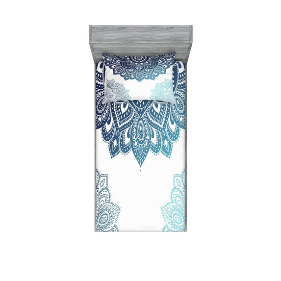 Flora Fitted Sheet & Pillow Sham Set, South Mandala Design Vibrant Color Ornamental Illustration, Decorative Printed 4 Piece Bedding Decor Set, Twinxl, Pale Blue Dark Blue, by Ambesonne