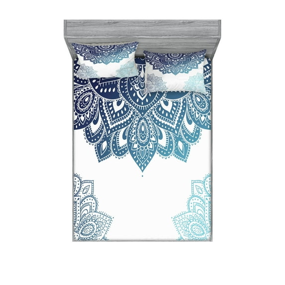 Flora Fitted Sheet & Pillow Sham Set, South Mandala Design Vibrant Color Ornamental Illustration, Decorative Printed 6 Piece Bedding Decor Set, Calking, Pale Blue Dark Blue, by Ambesonne
