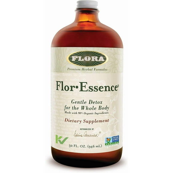 Flora Flor Essence Liquid Tea Blend 32oz LARGE - Gentle Detox Cleanse with Burdock Root, Slippery Elm, Kelp, Thistle - Premium Organic Ingredients