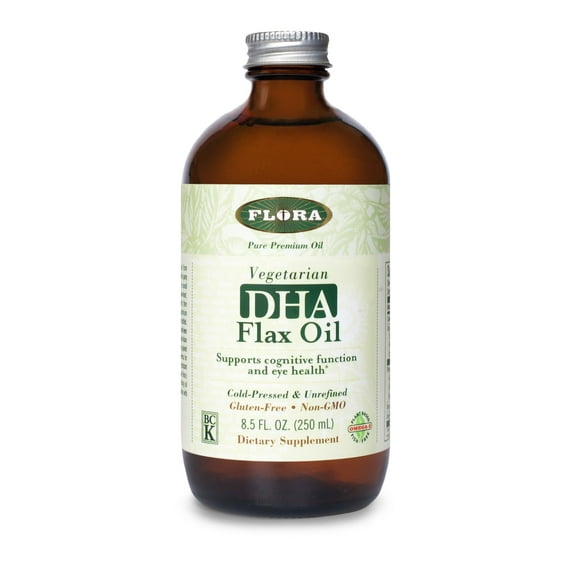 Flora Health Certified Organic DHA Flax Seed Oil, Cold Pressed, Unrefined & Gluten Free with Essential Fatty Acids, Unmodified Flaxseed Oil, 8.5-fl. oz. Glass Bottle