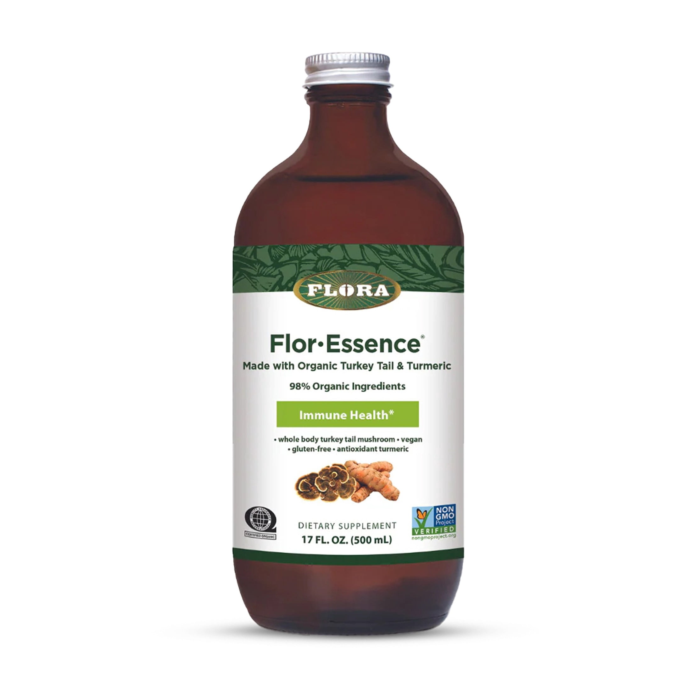 Flora Health Flor-Essence with Turkey Tail & Turmeric, Rich in Polysaccharides, 35+ Phenolic Compounds with Antioxidants and Immunity Support, 17-fl. oz. Glass Bottle