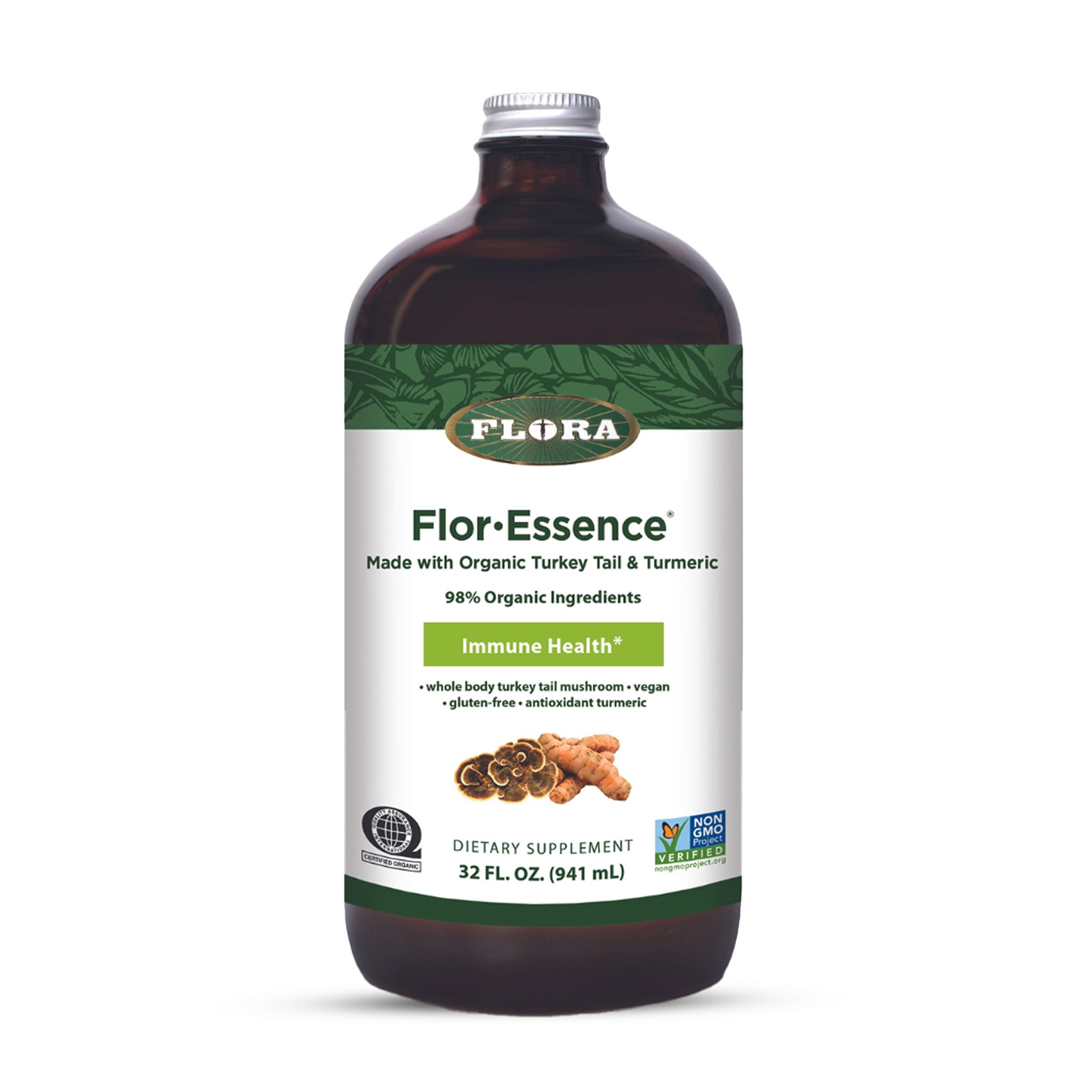 Flora Health Flor-Essence with Turkey Tail & Turmeric, Rich in Polysaccharides, 35+ Phenolic Compounds with Antioxidants and Immunity Support, 32-fl. oz. Glass Bottle
