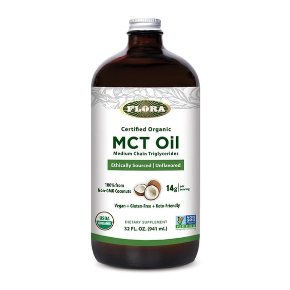 Flora Health MCT Oil Organic Energy Boost, C8 Caprylic & C10 Capric Acids, Keto, Kosher, Non-GMO Verified, 100% from Ethically and Sustainably Sourced Coconuts, 32 Fl Oz Liquid, Glass Bottle