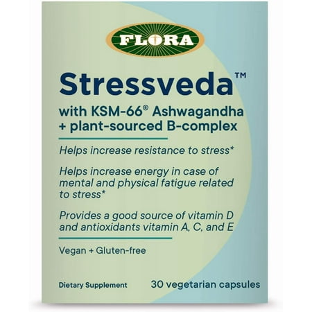 Flora Health - Stressveda with KSM-66 Ashwagandha + Whole Food Vitamins B, D, C, E, Supports Stress Resistance & Energy, Vegan & Gluten-Free, 30 Vegetarian Capsules