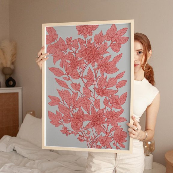 Flora In Silico Botanical Red Monochrome Flower Interior Home Wall Decor