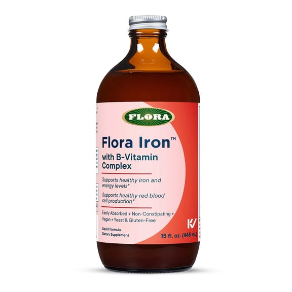 Flora Iron with B-Vitamin Complex - Helps Maintain Healthy Iron Levels - Non-Constipating, Highly Absorbable - Vitamin-B & Liquid Iron - Vegan Supplement - Gluten Free, 15- fl oz. Glass Bottle