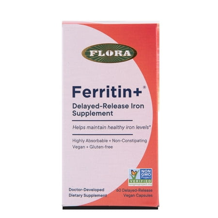 Flora - Iron Ferritin+ Plant-Based Supplement for Women - Non-Constipating, Highly Absorbable - Supports Vitality & Wellness - Vegan Iron Supplement from Flora Health - 60 Capsules - Delayed Release