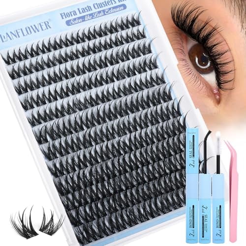 Flora Lash Clusters Kit Wispy Cluster Eyelash Extensions Natural Lash Extension Kit D Curly Fluffy Lashes Clusters Kit 10-18mm Eyelash Extension Kit Thin Band Individual Lashes by