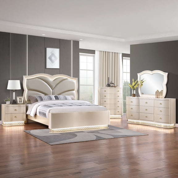 Flora Modern Wood King 5Pc Bedroom Set Upholstered Headboard Champagne